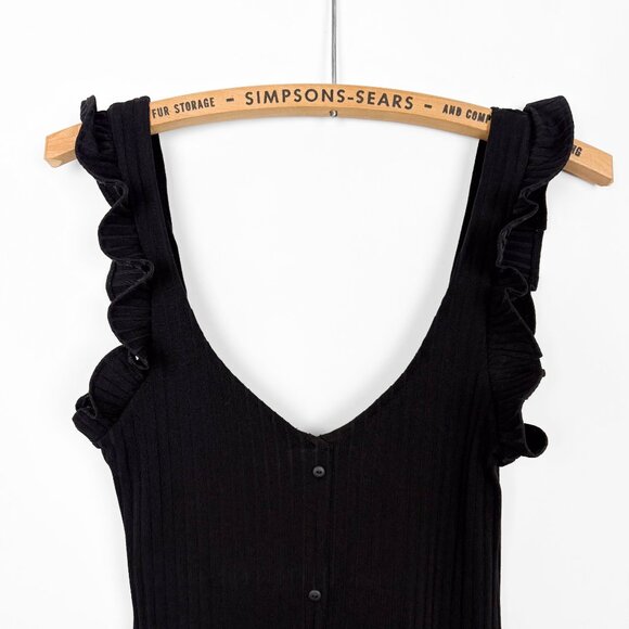 ZARA Button Front Ribbed Bodycon Midi Dress Frill Sleeve Black Size Small - Picture 2 of 5